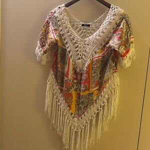 Vivid Bohemian Multicolor Fringe V-Neck Blouse Size XL Hippie Paisley Festival